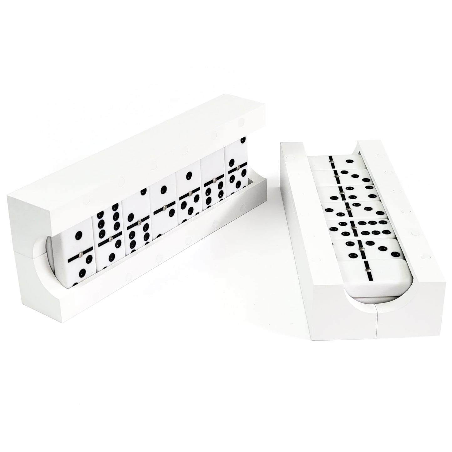Domino Game Set Of 28 | Professional Double 6S | Multi-Use Box | Trays To Stand Tiles | By Adesign+ (Solid Wood White)