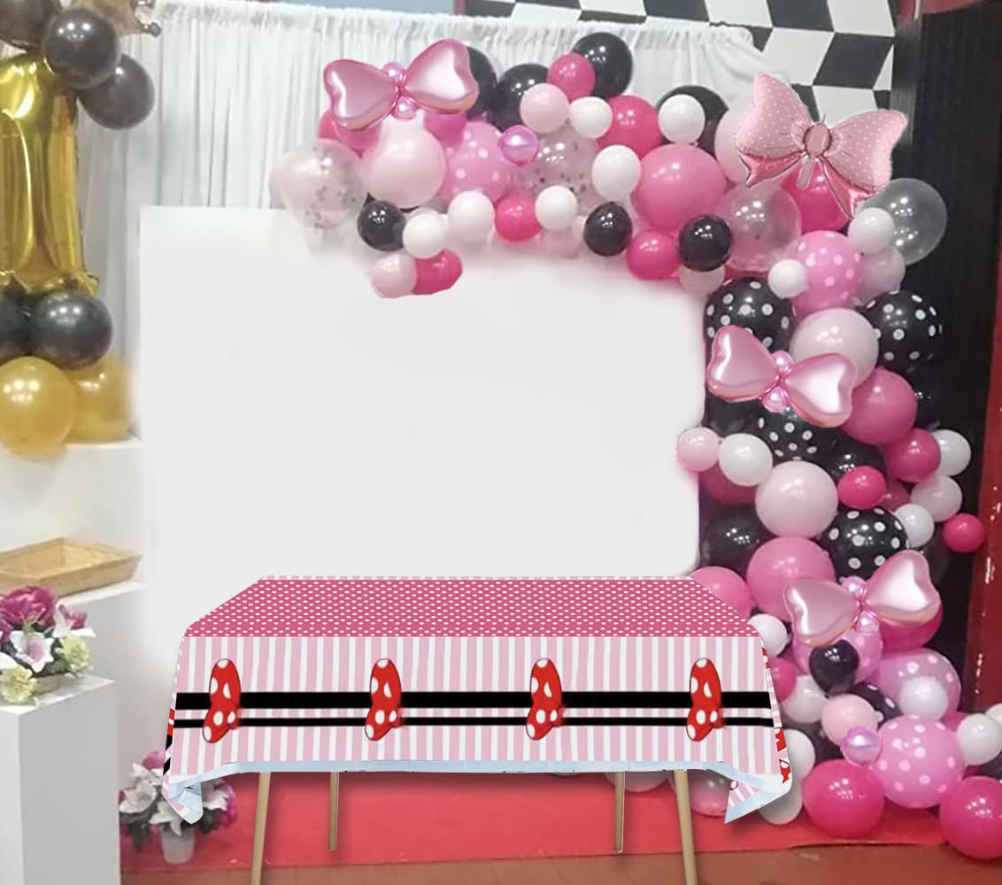 ANFGANC 3pc Mouse Tablecloth Mouse Party Supplies Disposable Pink Bow Plastic Table Cover for Girls 1st,Oh Twodles Birthday,Baby