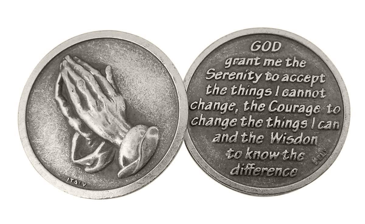 Silver Tone Serenity Prayer Praying Hands Pocket Prayer Token Medal, 1 1/8 Inch by WJH