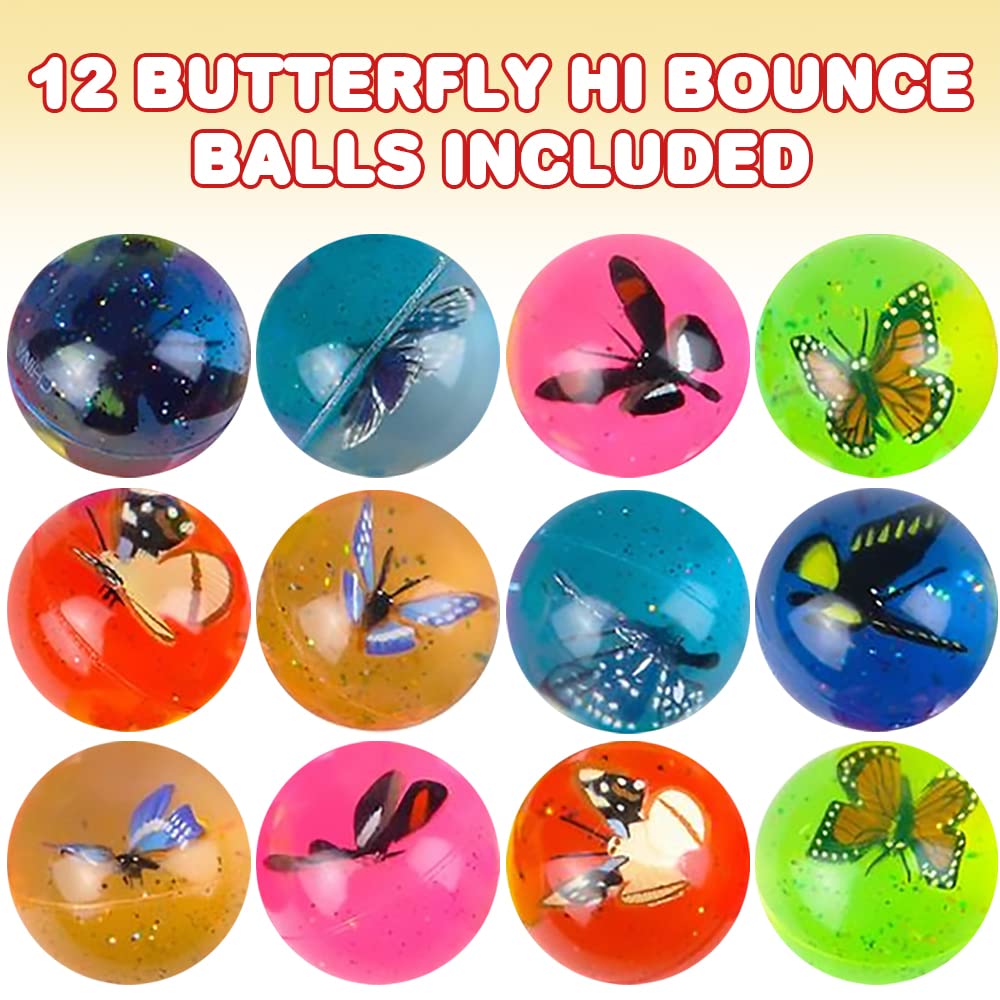 Artcreativity Butterfly High Bounce Balls, Set Of 12, Balls For Kids With 3D Butterfly Inside, Outdoor Toys For Encouraging Active Play, Party Favors And Pinata Stuffers For Boys And Girls