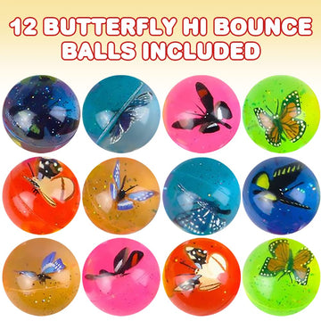 Artcreativity Butterfly High Bounce Balls, Set Of 12, Balls For Kids With 3D Butterfly Inside, Outdoor Toys For Encouraging Active Play, Party Favors And Pinata Stuffers For Boys And Girls