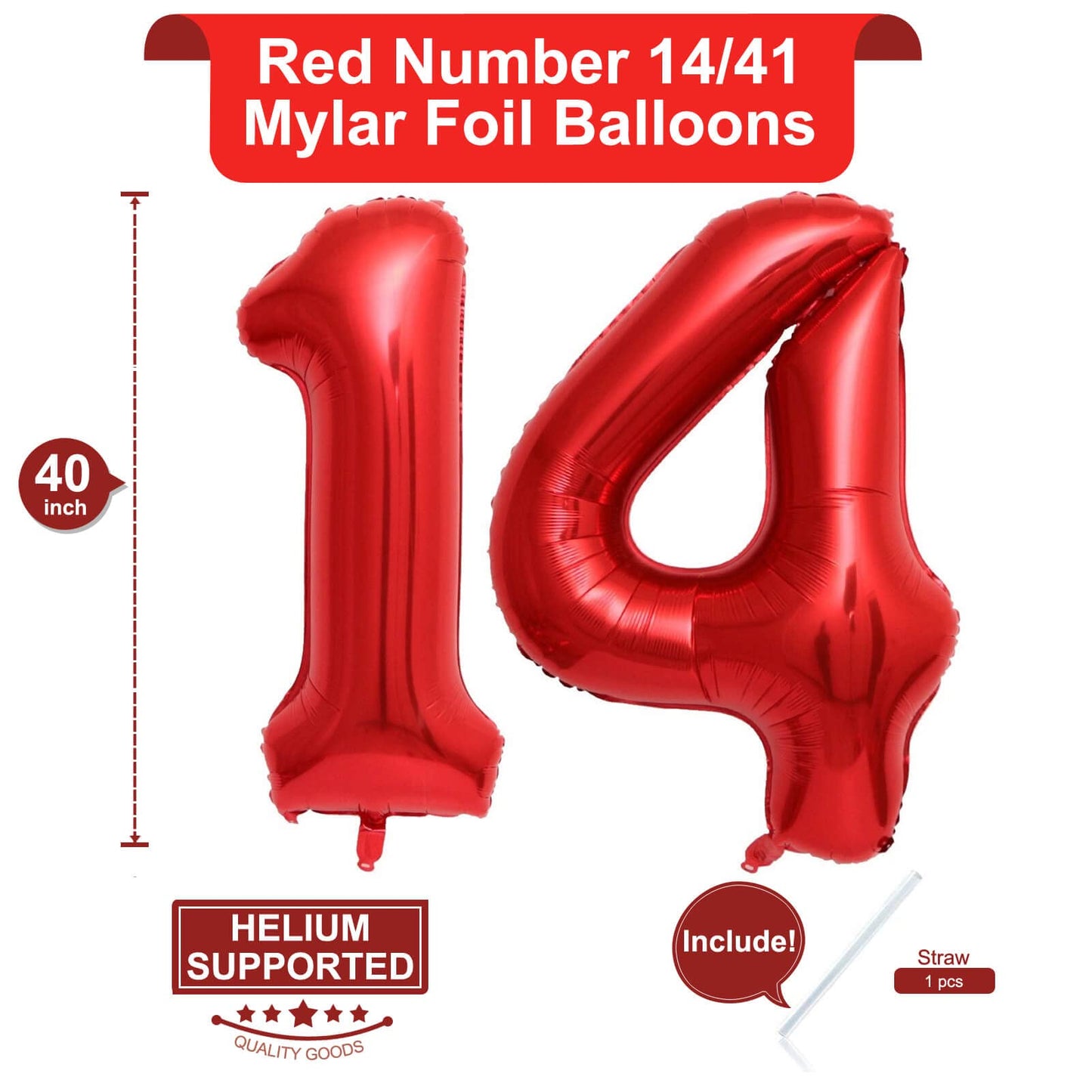 40 Inch Red 14 Number Balloons Giant 14 Or 41 Balloons Red Birthday 14 Balloons 14Th Birthday Anniversary Party Decorations Supp