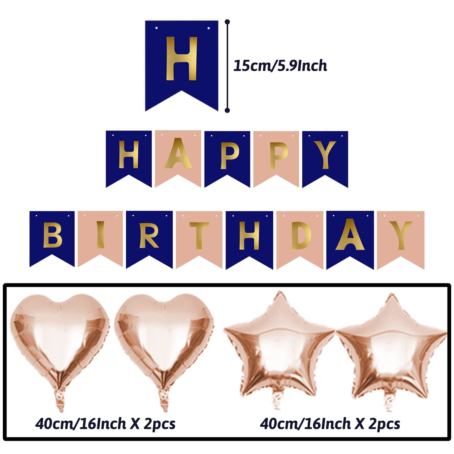 Zerodeco Birthday Decorations For Women, Navy Blue Rose Gold Birthday Party Decorations Happy Birthday Banner Paper Pompoms Ball