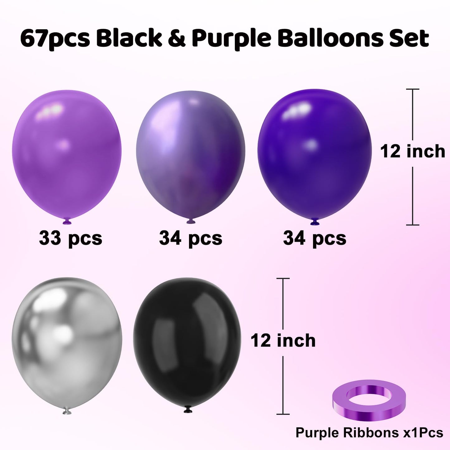 YMSZ Purple and Black Latex Balloons, 67pcs 12 Inch for Birthday, Graduation, Bridal Shower, Halloween Party Decorations