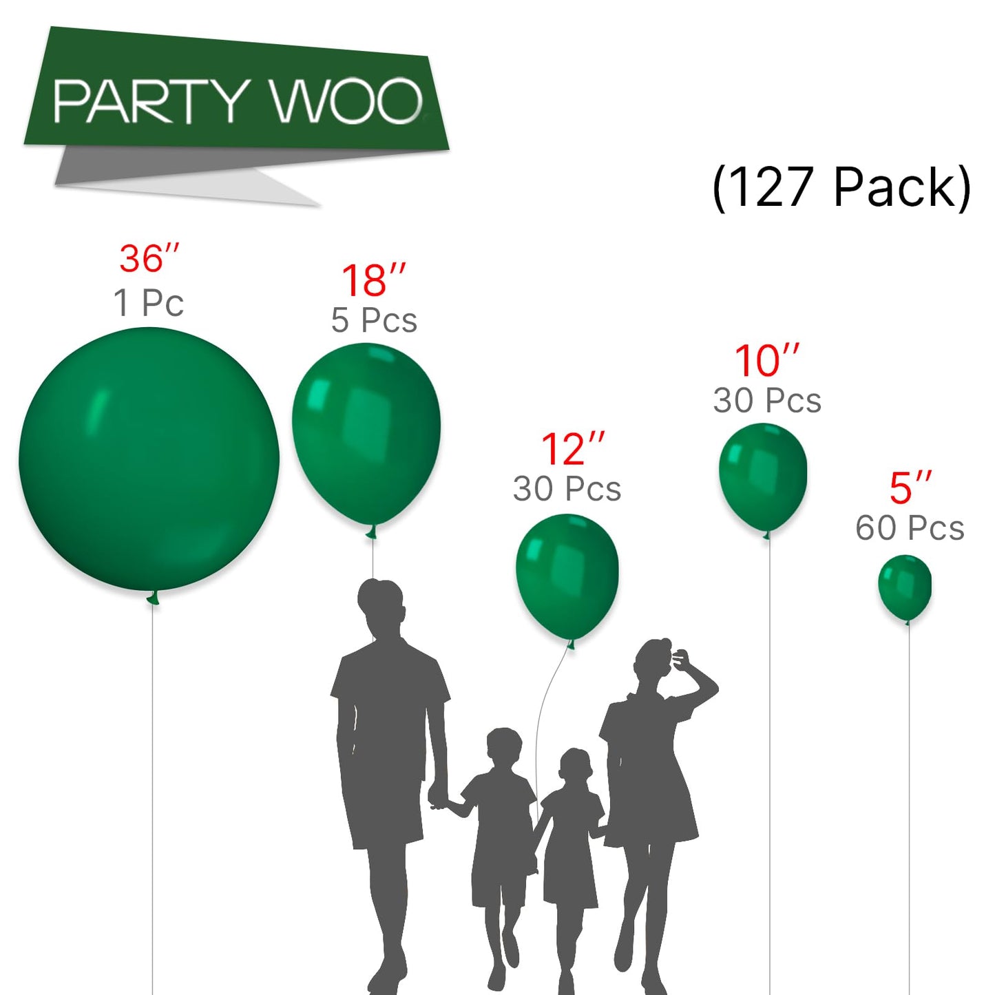 PartyWoo Hunter Green Balloons - 127 PCS Rubber Balloons in 5 to 36 Inch Sizes for Garland Arch Party Decorations, Deep Green-Y56