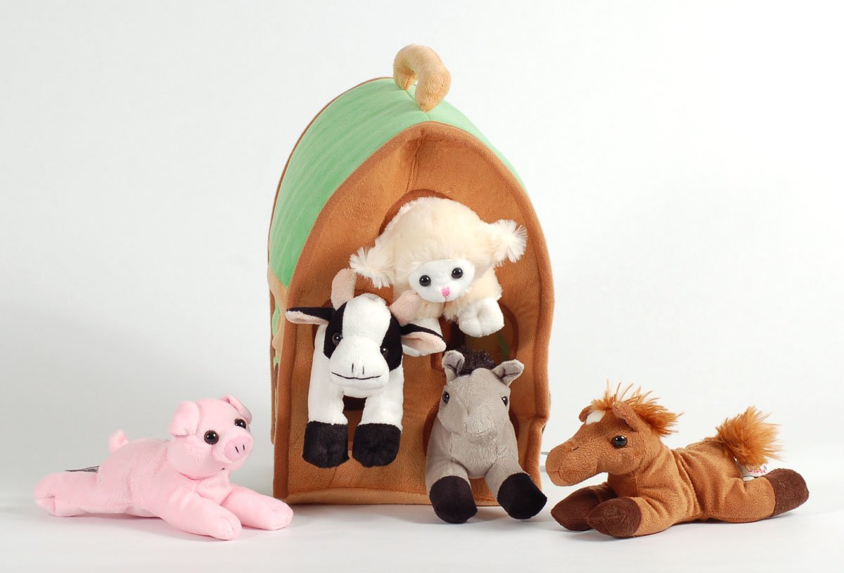 Plush Farm House With Animals- Five (5) Stuffed Farm Animals (Horse, Lamb, Cow, Pig, Grey Horse) In Play Farm House
