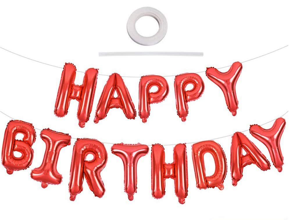 TONIFUL Red Happy Birthday Balloons 16 Inch Mylar Foil Letters Birthday Sign Banner Balloon Bunting Reusable for Girls Boys Kids