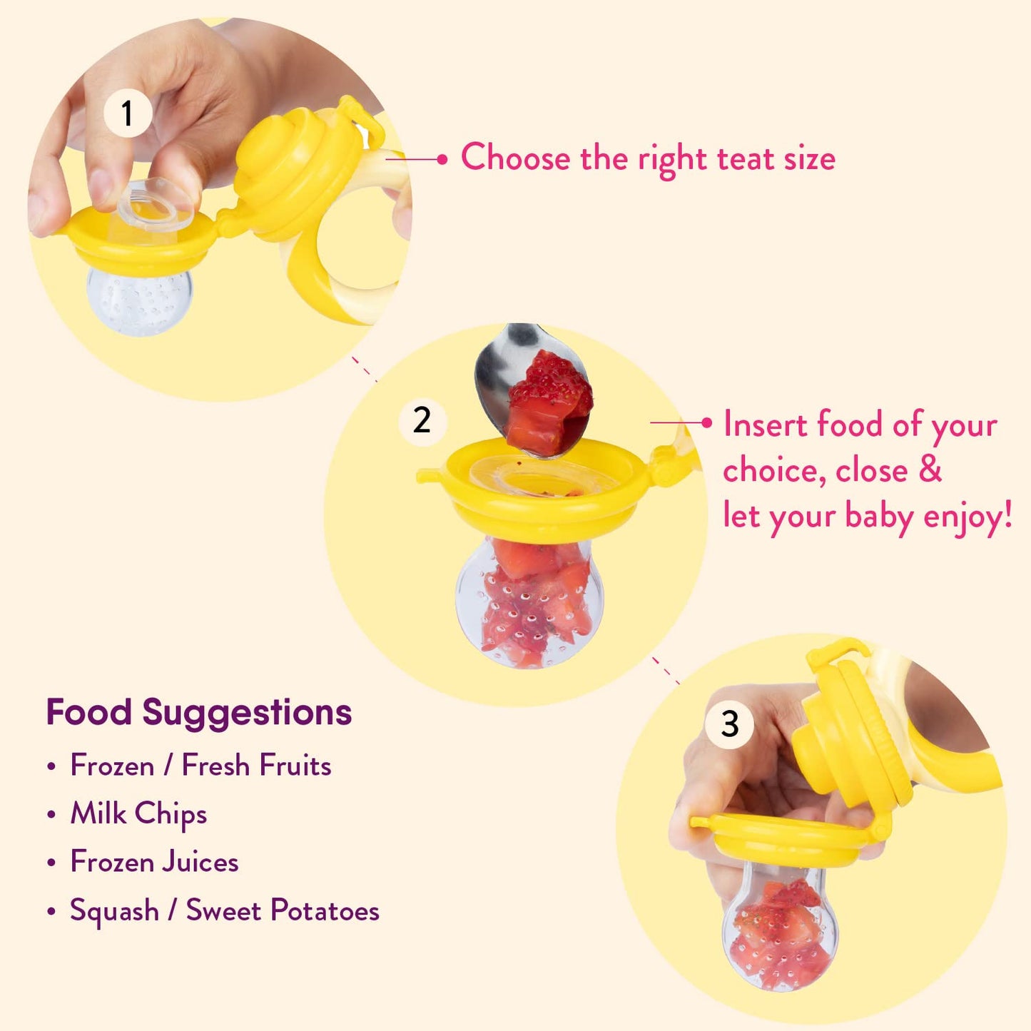 NatureBond Baby Food Feeder 2-Pack - Silicone Teether Nibbler Set in Peach Pink and Lemonade Yellow, Model NB002