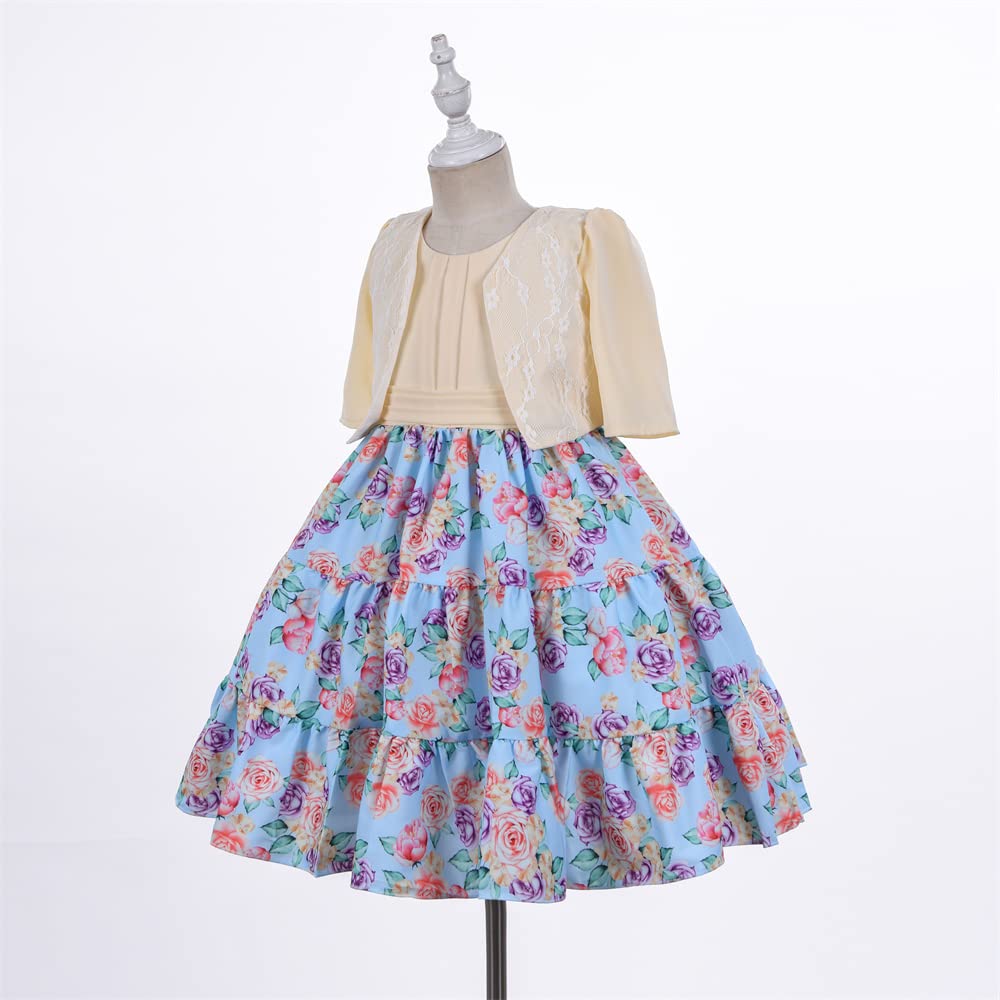 Cosplay Life Floral Dress for Girls and Young mature-themeds Fashion Flower Waistline Kids Party Festival Dress Ages 5-9 Years Old (Blue  8YRS)