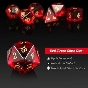DNDND Glass Dice Set D&D 7 Piece Red Zircon Dice with Great Gift Box for DND Dungeons and Dragon Tabletop Game (Red Glass with G