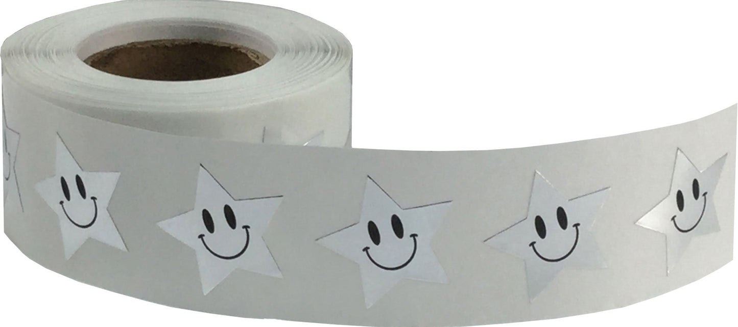 Metallic Silver Happy Face Star Shape Stickers 0.75 Inch 500 Adhesive Labels