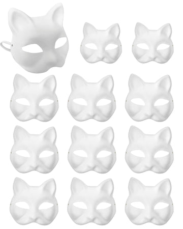 XIPEGPA 12 PCS Therian Masks White Paper Cat Masks to Painted Half Blank Animal Cosplay Facemask Masquerade Mask Costume Prop fo