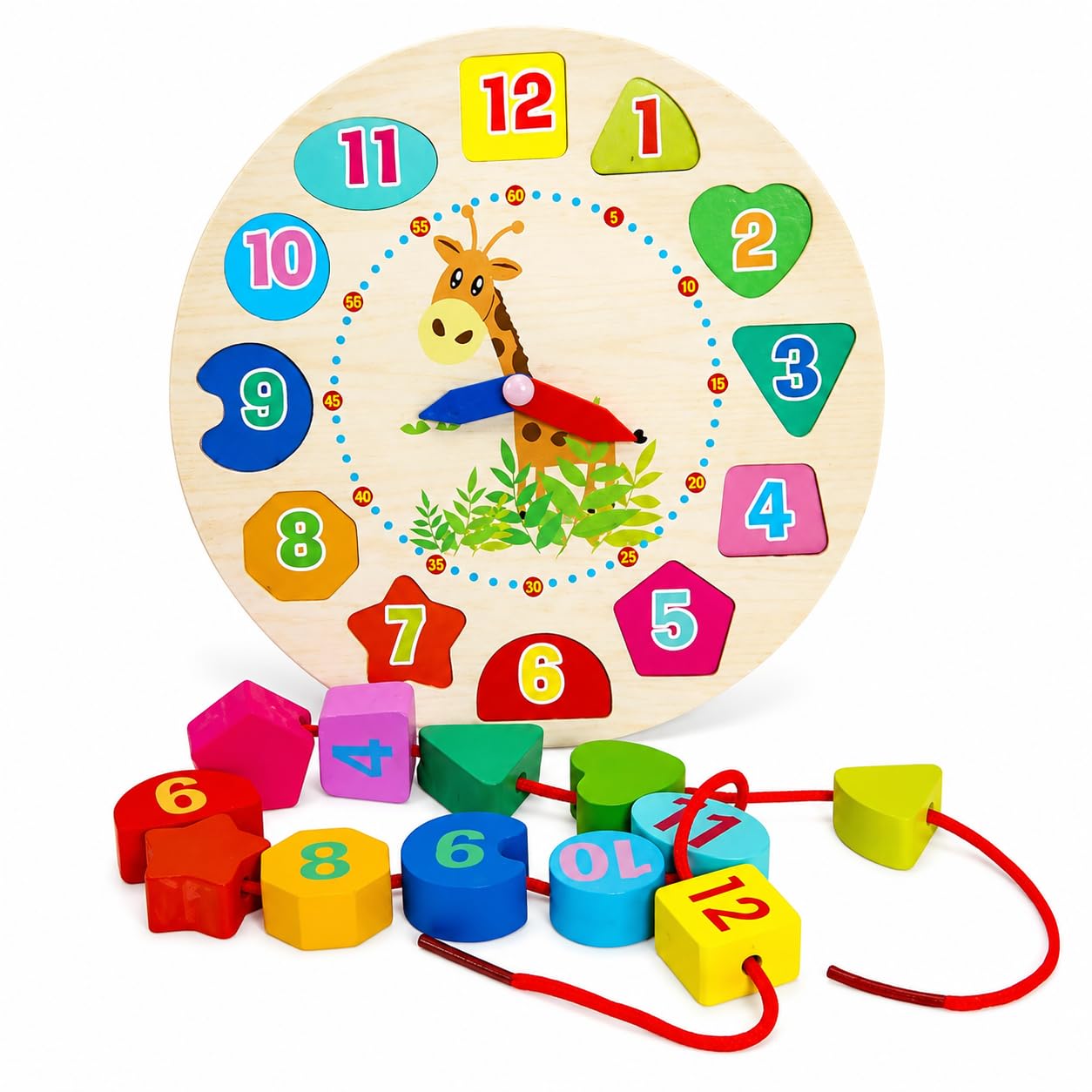 Zubkas Toys Shapes Lacing Clock MultiColor Wooden Montessori Analog Clock For Kids And Toddlers
