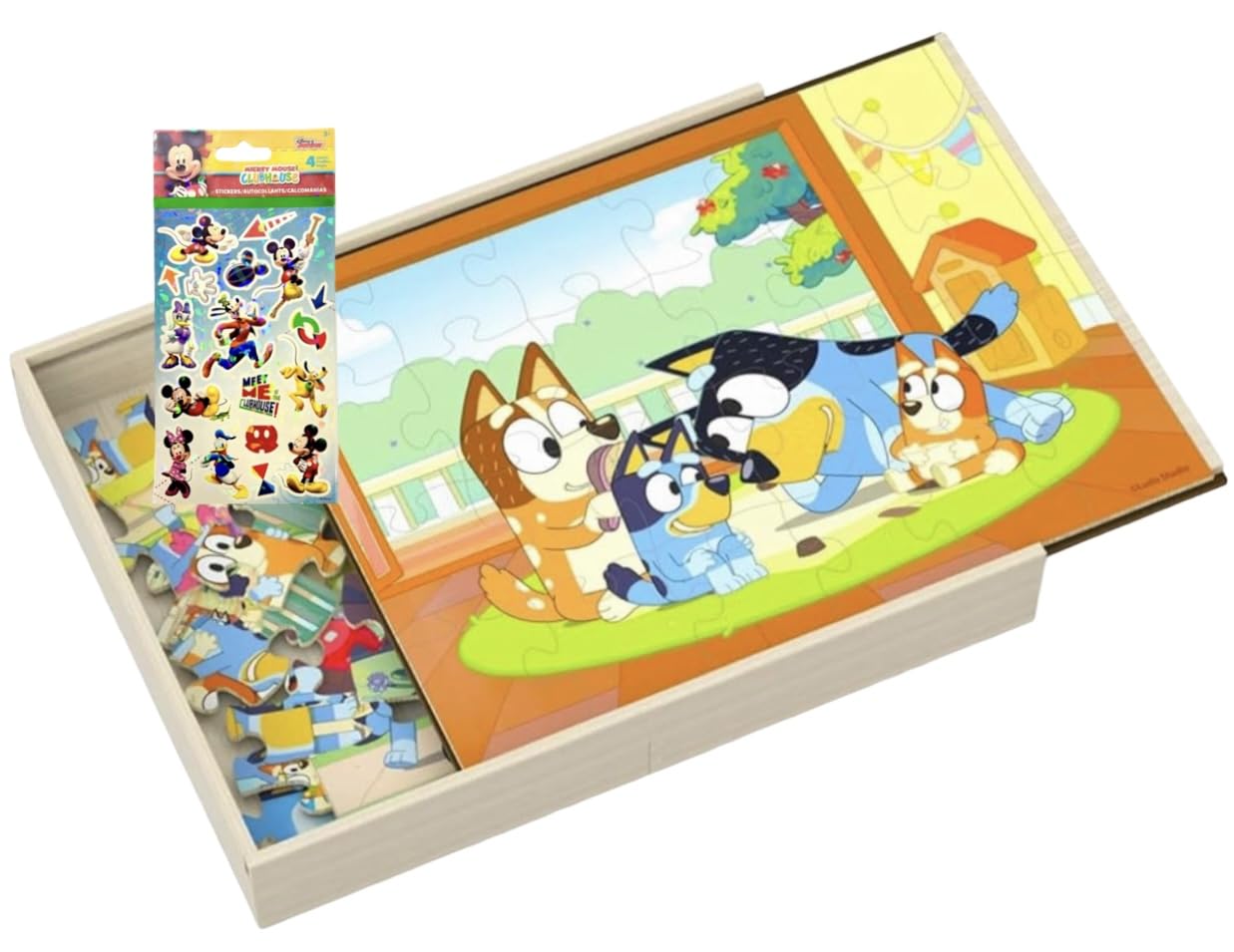 Spin Master Bluey 5 Wood Puzzles with Storage Box & Stickers Bundle - Ages 3+, Cardboard, Blue/Red/Green, Model 6066406