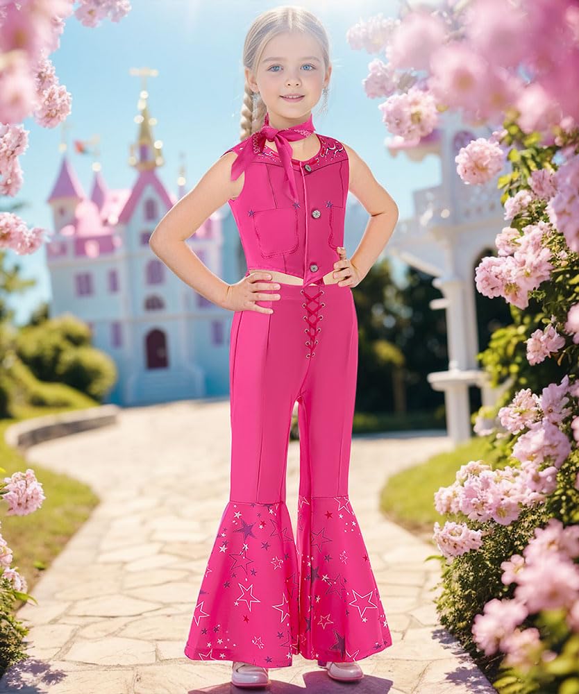 Btonai Girls Cowgirl Costume for Kids Pink Western Dress up 70s80s Disco Outfits Halloween Party 3-12Y