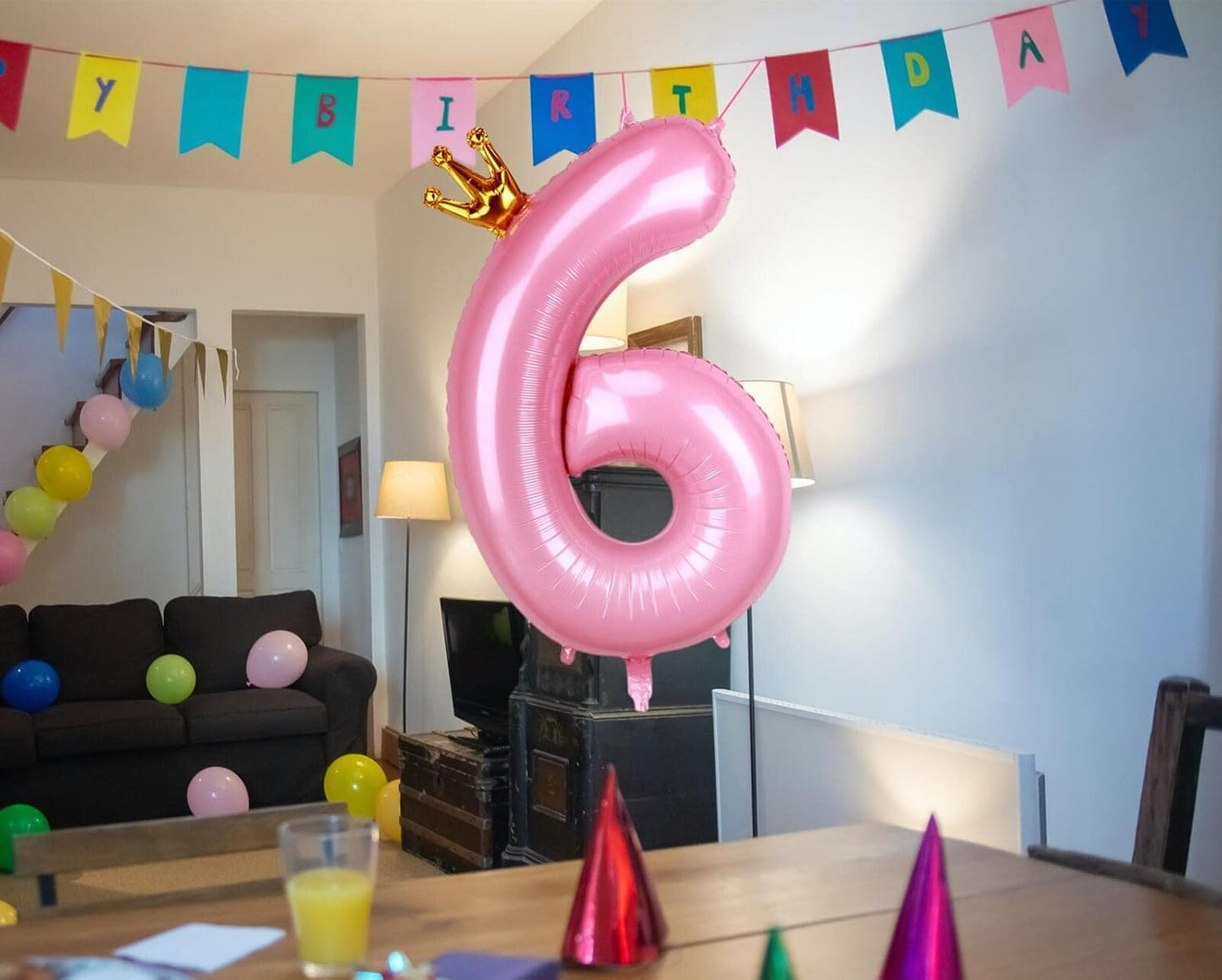 40 Inch Crown Pink Number 6 Balloon, Big Conjoined Baby Pink Foil Mylar Helium 6 Balloon For Girls 6Th Birthday Party Decoration