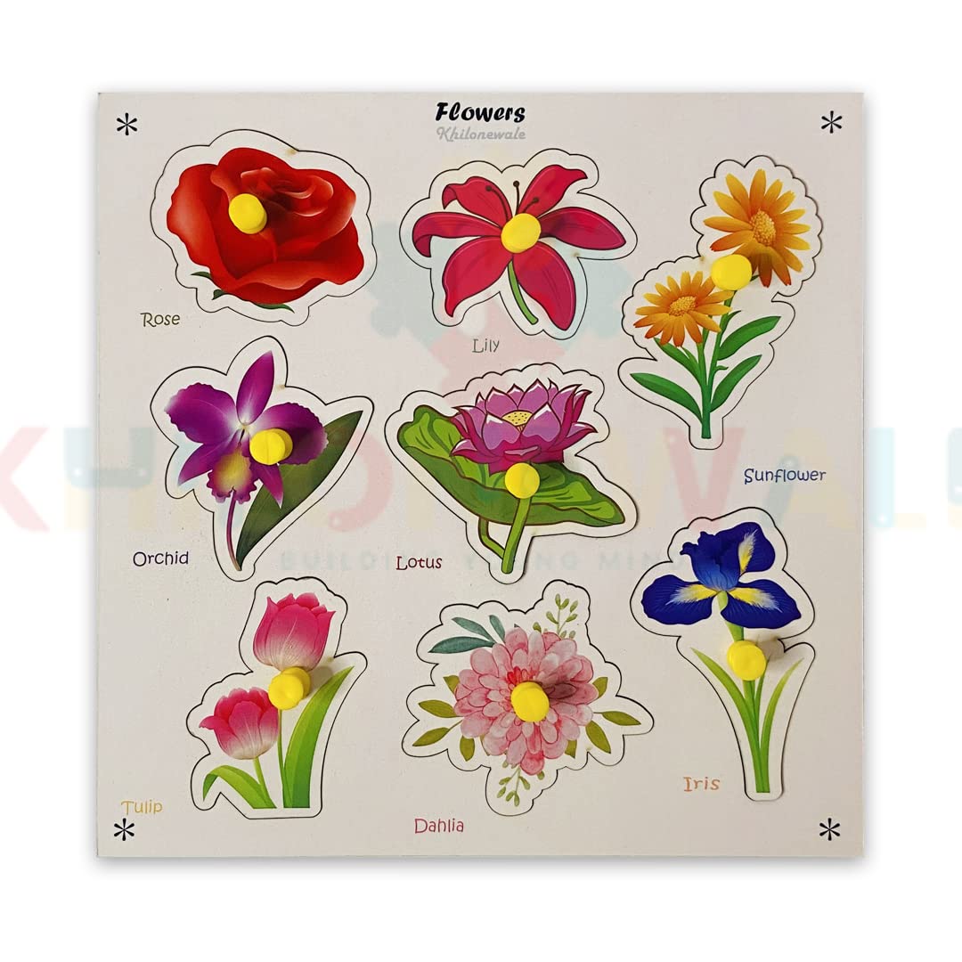 Multicolor Wooden Flower Puzzles For Kids  Knob Puzzle Set, Educational Learning Board Toy For Children (20Cm X 20Cm)