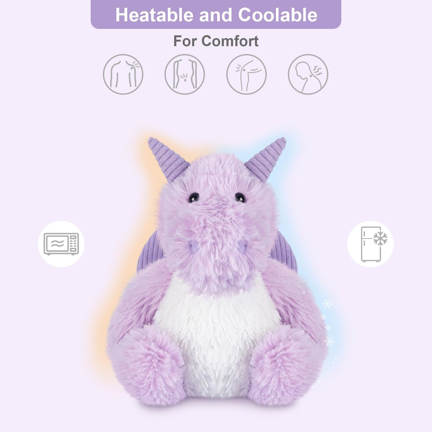 SuzziPals Heatable & Coolable Dragon Plush - Microwavable Stuffed Animal, Purple, Soothing Heating Pad for Kids