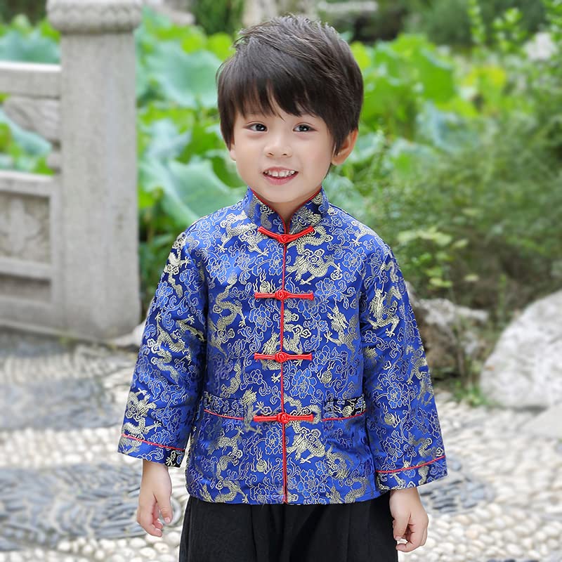 Boy Tang Suit Dragon Long Sleeve Shirt Chinese New Year Outfit Chinese Traditional Clothes For Kids (Blue,6-8 Years)