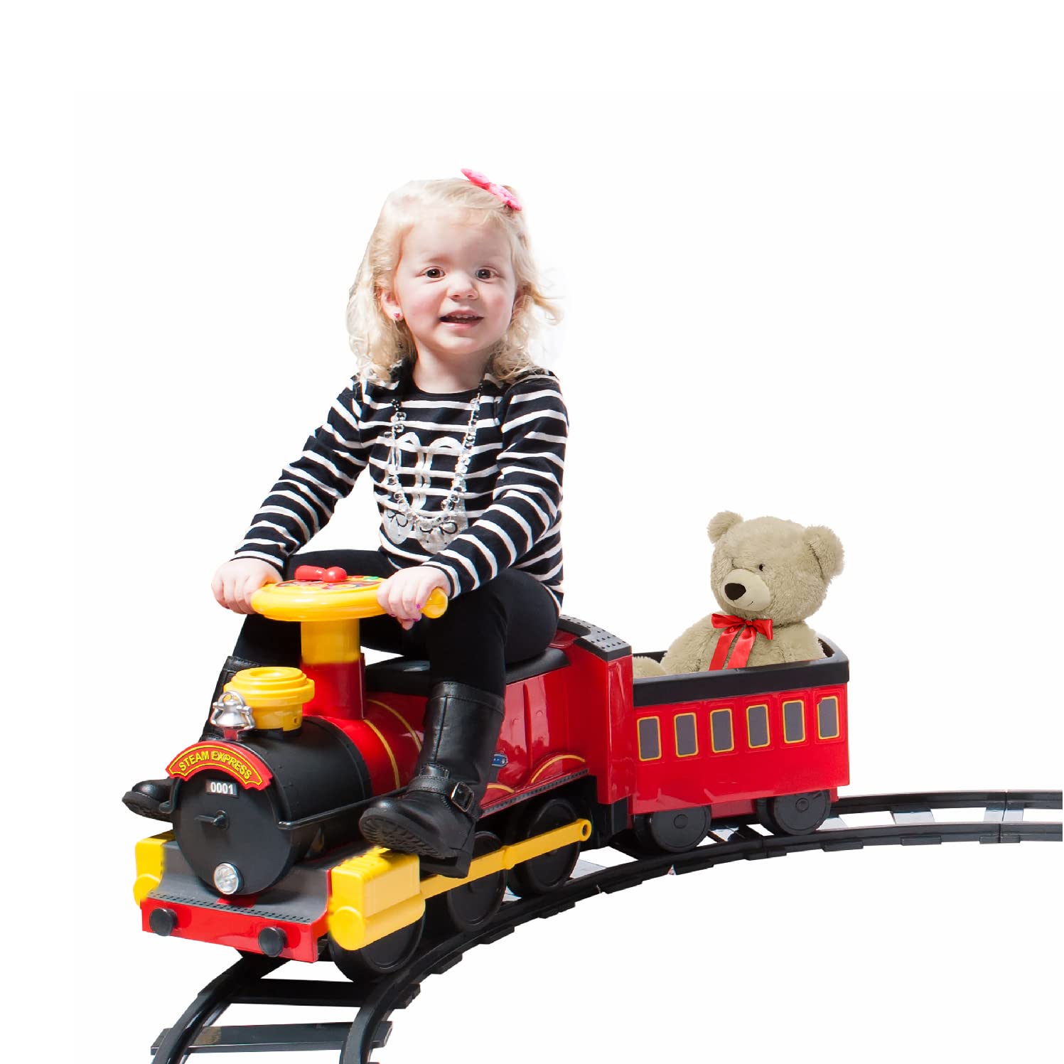 Rollplay Electric Train Ride On For Kids Featuring Real Cold Water Steam, 22 Track Pieces, Detachable Caboose, Working Headlight