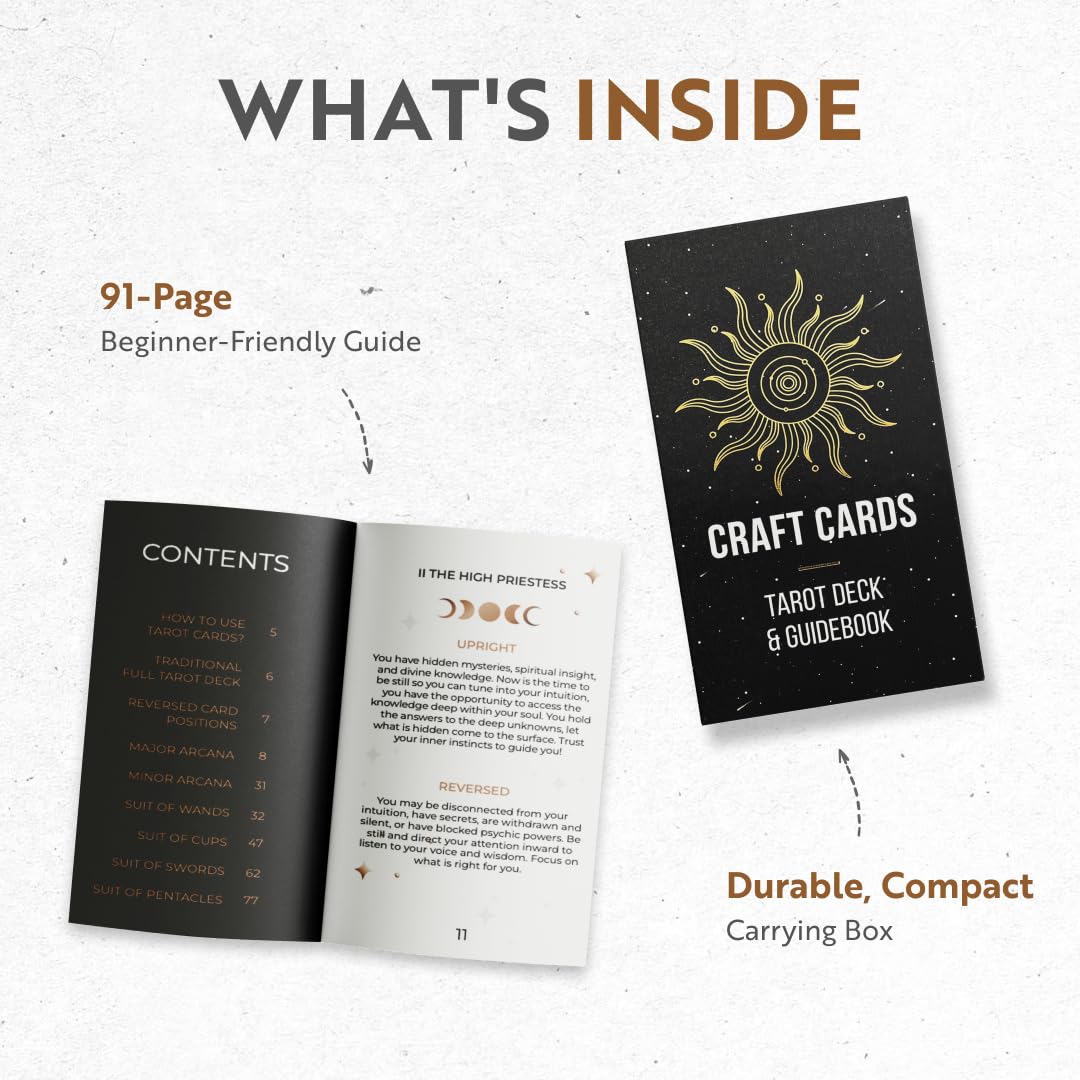 Crafterian Classic Tarot Set - 78 Gold-Edged Classic Cards With Guidebook - Perfect For Beginners - Sleek Light Deck & Comprehensive Manual - Authentic Tarot Experience.