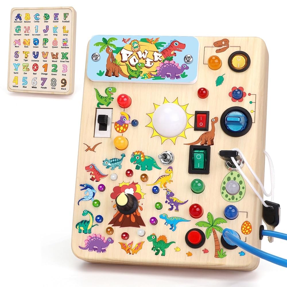 Dinosaur Busy Board with LED Light Montessori Toy for 1+ Year Old Engaging Sensory Board for Fine Motor Skills Gifts & Travel Toys for Toddlers 1-3 Busy Board Plus Version.