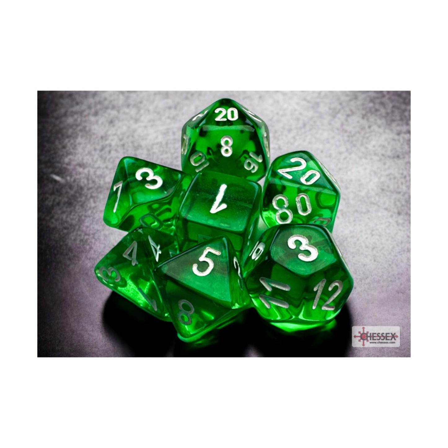 Green Translucent Mini Dice With White Numbers 10Mm (3/8In) Set Of 7 Chessex