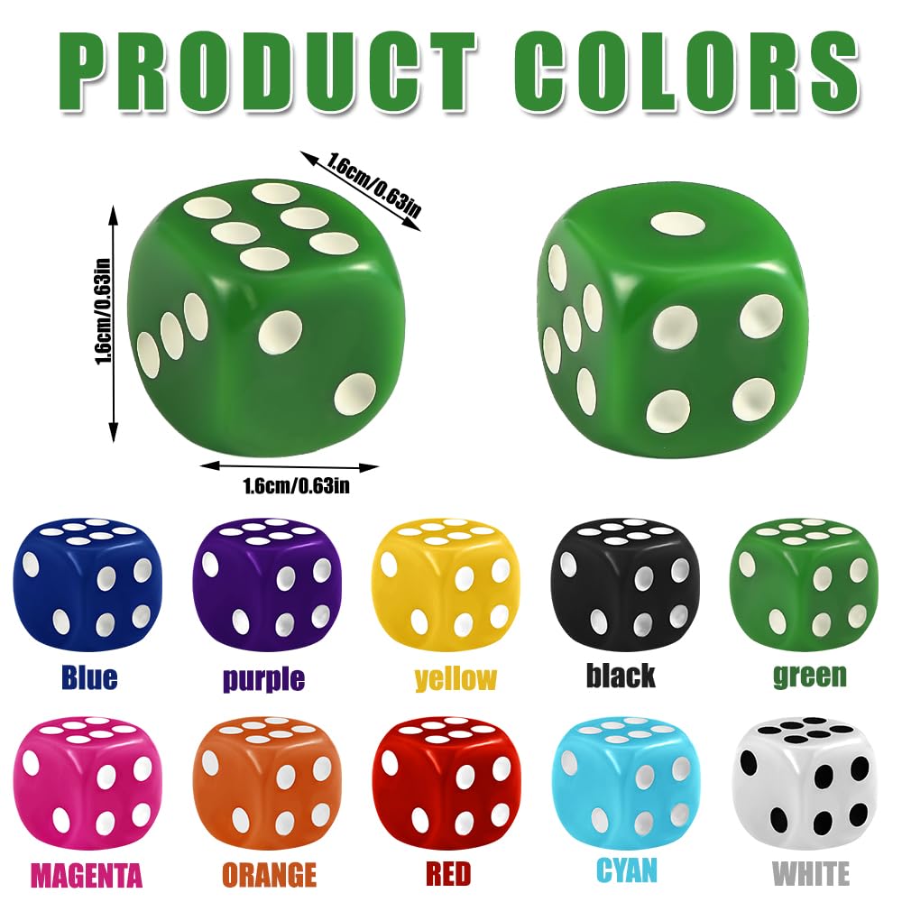 DIYDEC 100pcs 16mm Game Bulk Dice 10 Colors Acrylic 6 Sided Dice Set for Classroom Teaching Math Learning Standard Dice for Part