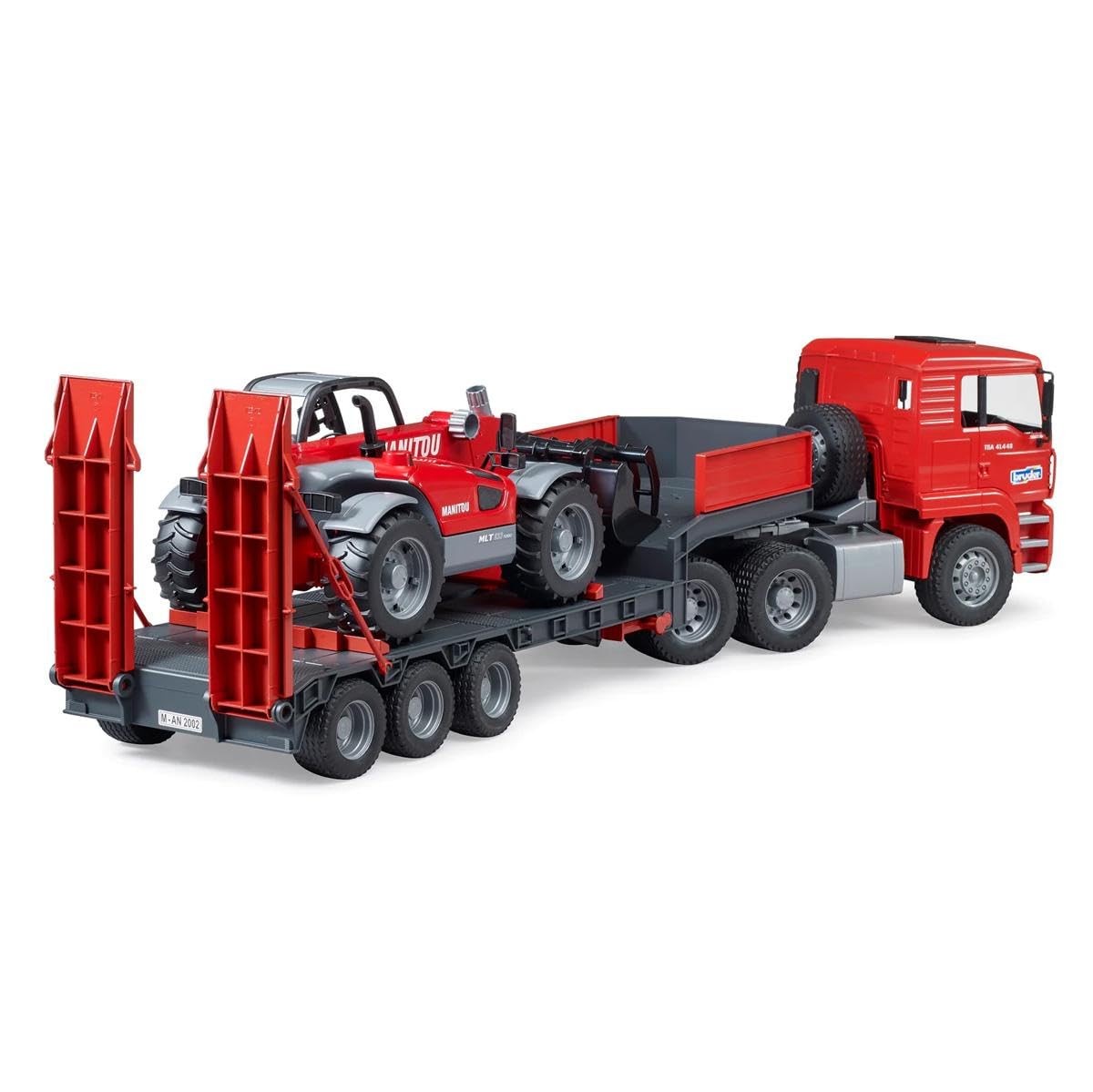 Bruder Man TGA Low Loader Truck with Manitou Loader - Red, Model 02774, Plastic Construction