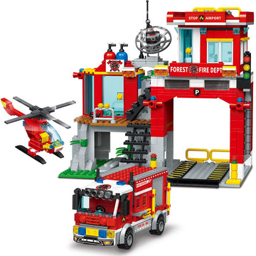 City Fire Rescue Building Set With Fire Station, Truck & Helicopter,737Pcs Toy Gift For Boys 6+ (Compatible With Lego)