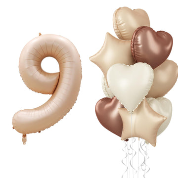 40 Inch Balloon 9, Nude Brown 9Th Birthday Giant Balloon Decor, Foil Cream Beige Apricot Tan Taupe Neutral Sand White Star Heart