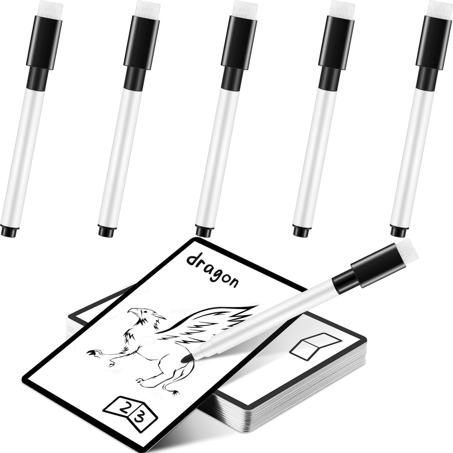 Teling 50 Pcs Multifunctional Tokens Dry Erase Cards Reusable Cards Blank Playing White Flash Erasable Index Bulk With 5 Black Marker Pens For Diy Games, Office, Housework