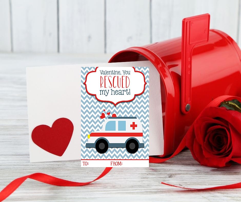 Silly Goose Gifts Emergency Vehicle Valentine Classroom Cards - Set of 25, Red, Police, Ambulance, Firefighter, Fire Truck