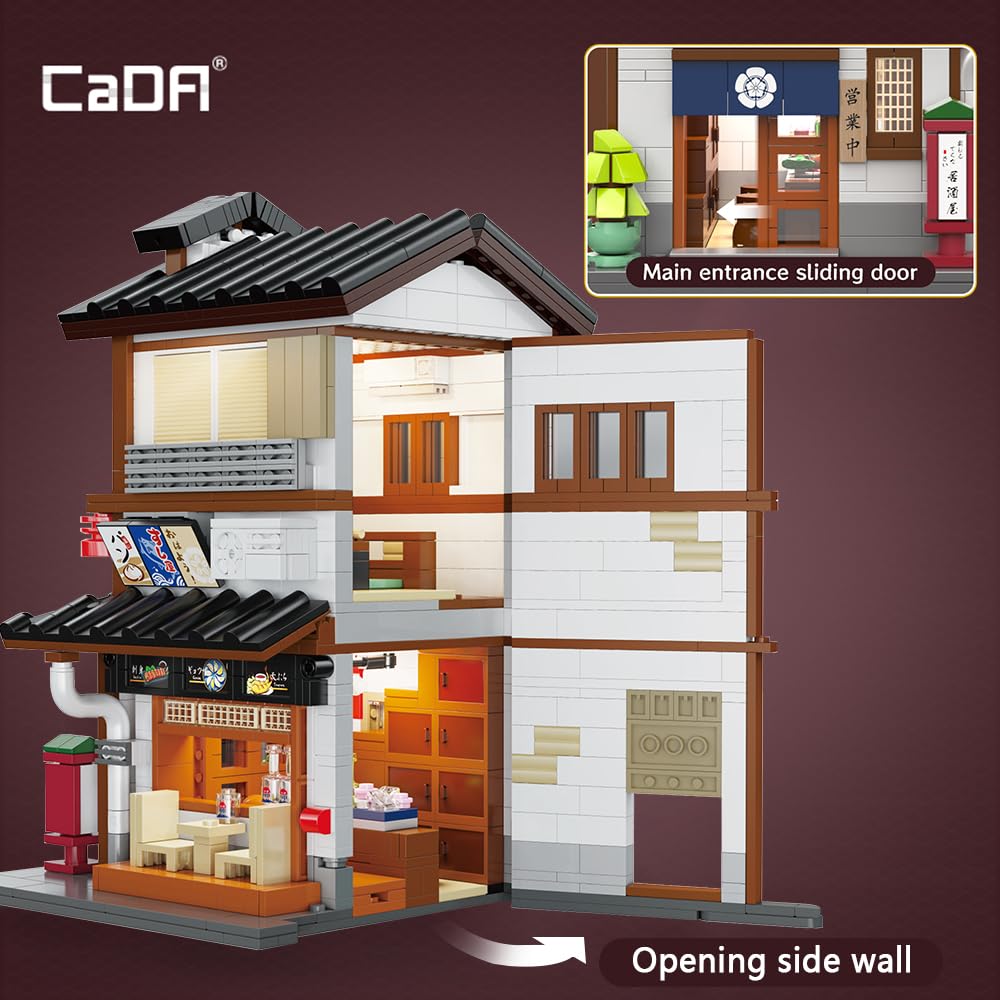 CaDA Japanese Style Yakitori Izakaya House Building Set, 1195PCS, Medium, C66019W, Modular Brick Kit with Lights for Adults