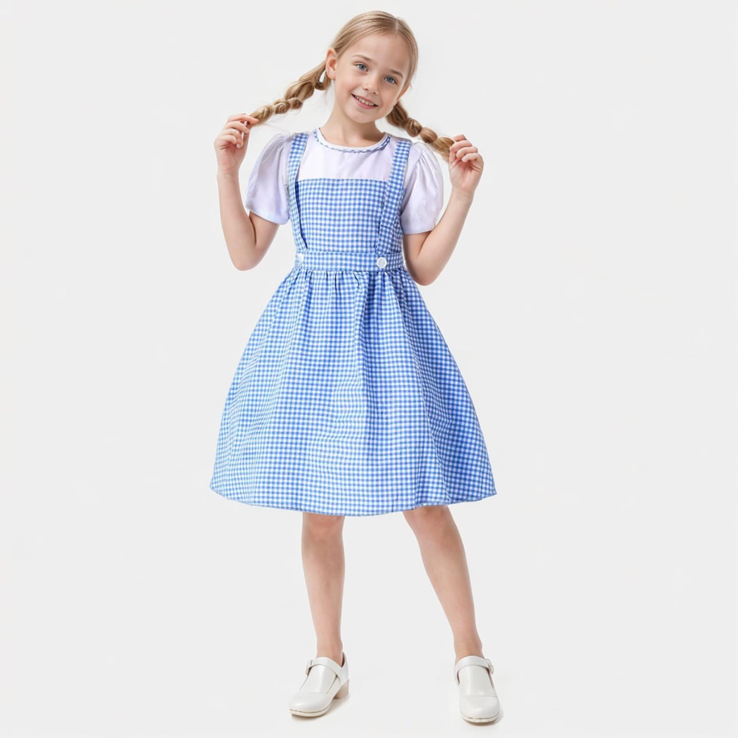 Addacos Girls Blue Plaid Costume Halloween Dress Up Outfits With Accessories (Blue, 120 (4-5T))
