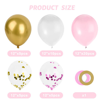 Lovestown 60Pcs Pink Balloons, 12 Inches White Gold Confetti Latex Balloons With Ribbon Thicken For Girls Engagement Birthday Wedding Baby Shower Anniversary Decorations
