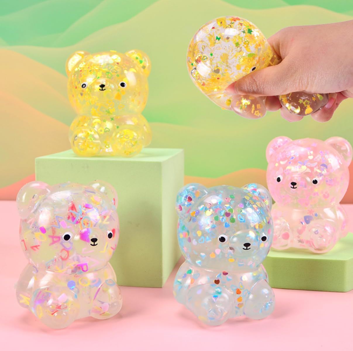 Dhjrefhhd 1Pccs Squeeze Toys Letter Sequins Candy-Bear Stress Relief Toy Hand Fidget Sensory Office Desk Squishy Toy (Light Pink