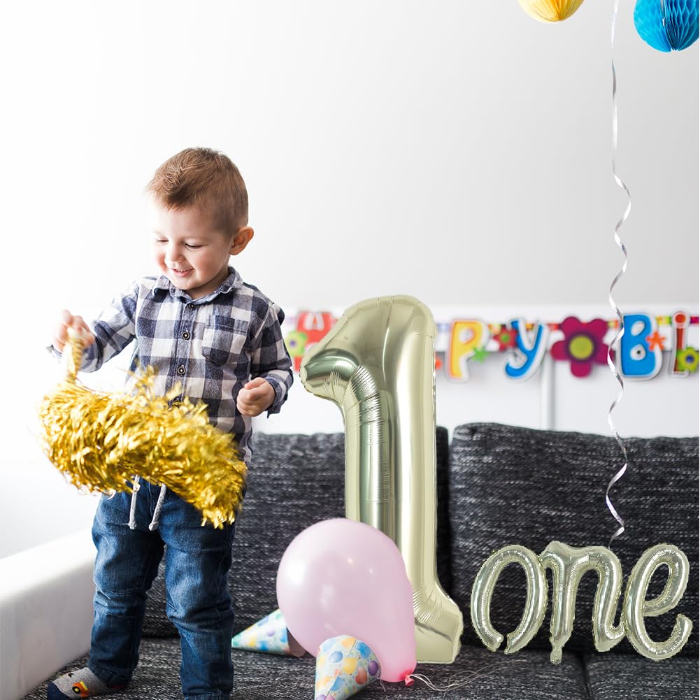Toniful 40 Inch Giant Light Gold Number 1 Balloon,Mylar Foil Script Cursive Letter 1 Balloon Banner For Boys Girls Kids First Bi