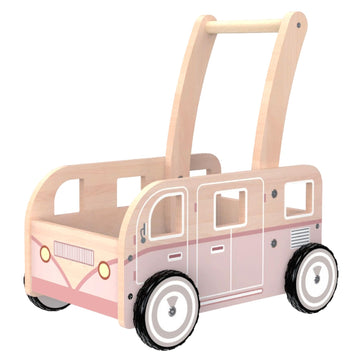 Wooden Baby Walker,Push Walker Bus For Boys And Girls, Stand & Learn Push Walker For Toddlers 1-3 Years Old Pink