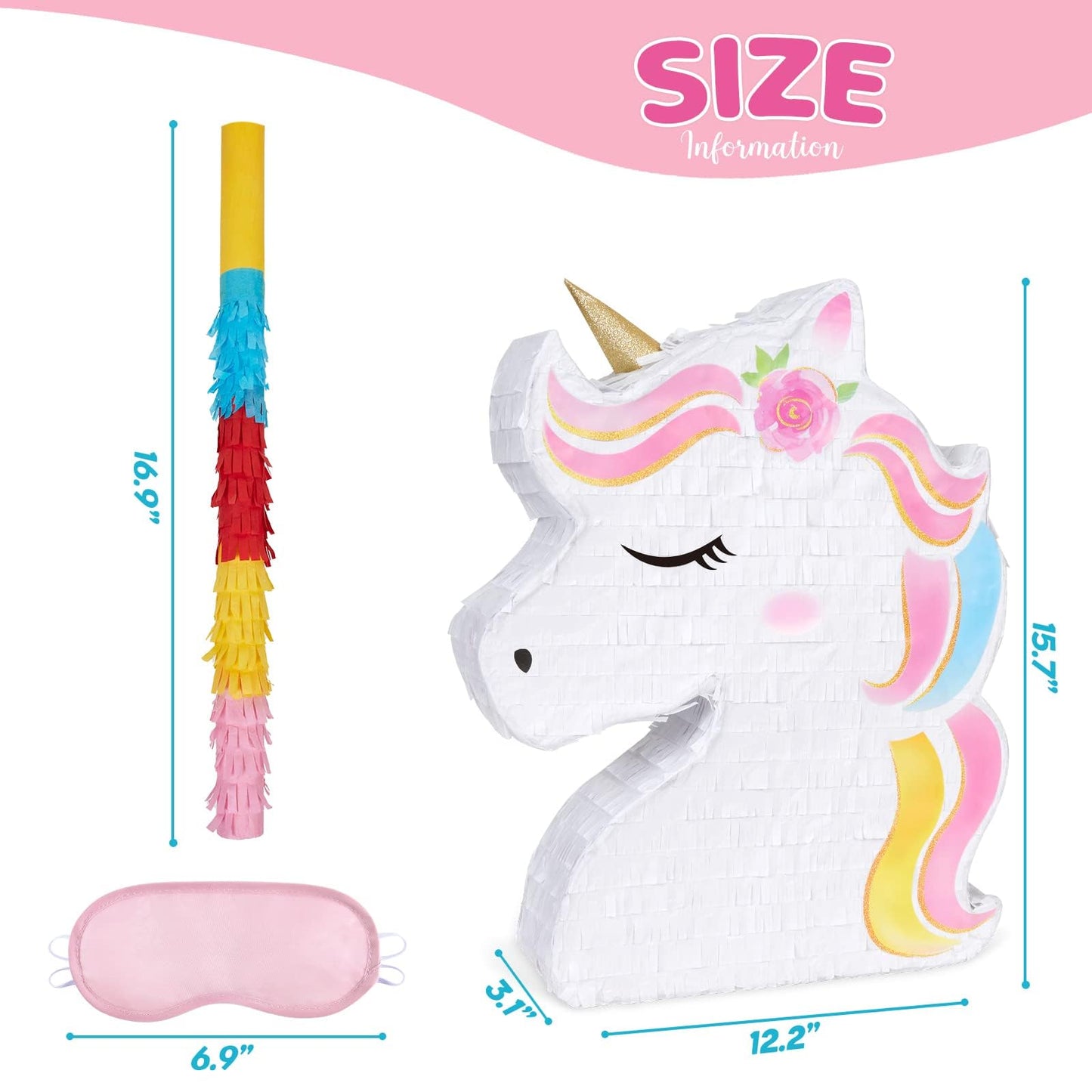 WERNNSAI Unicorn Piñata - Rainbow Birthday Party Supplies with Bat & Blindfold, 15.7" x 12.2", Paper, Unicorn B Color