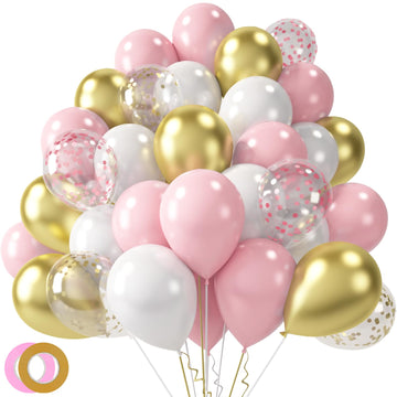 Lovestown 60Pcs Pink Balloons, 12 Inches White Gold Confetti Latex Balloons With Ribbon Thicken For Girls Engagement Birthday Wedding Baby Shower Anniversary Decorations