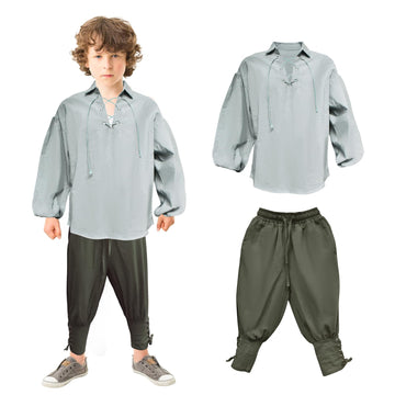 Prebene Boys Medieval Pirate Set Shirt & Ankle Pants Kids Renaissance Halloween Costume Scottish Jacobite Tops and Trousers (Gre