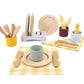 Pillowhale Wooden Toy Plates and Dishes Set,Play Kitchen Cutlery and Plate Set,21Piece Kids Kitchen Playset Accessories for Todd