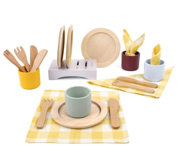 Pillowhale Wooden Toy Plates and Dishes Set,Play Kitchen Cutlery and Plate Set,21Piece Kids Kitchen Playset Accessories for Todd
