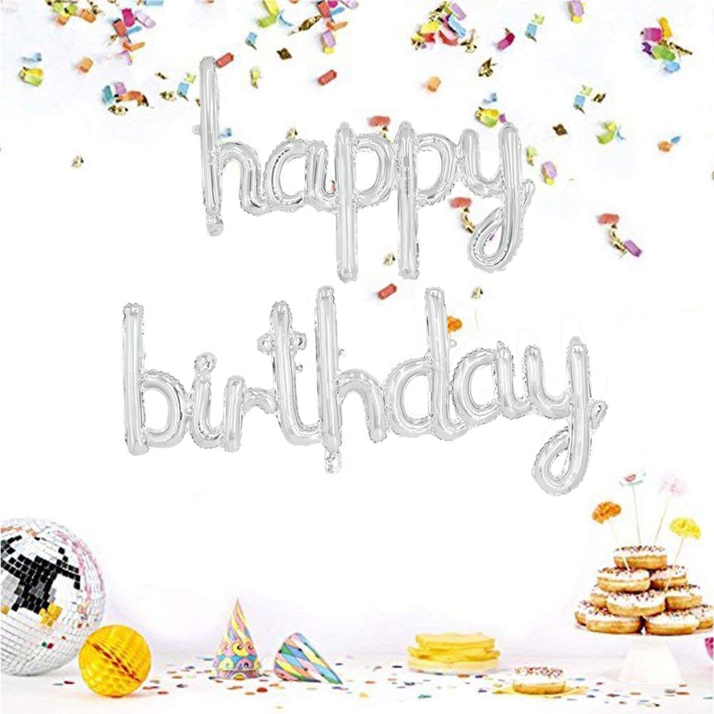 Beishida Silver Happy Birthday Balloon Banner 16 Inch Foil Mylar Birthday Letter Balloon Sign Hand Write Happy Birthday Balloons