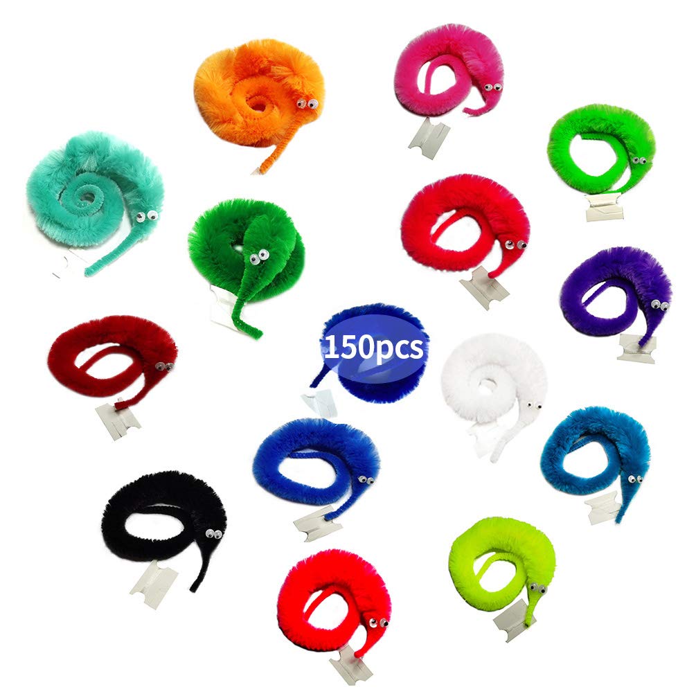 Shengsen 150 Pack Fuzzy Worm Toys String Pets Fuzzy Worms On String Bulk Trick Toy Party Favors For Kid Cat (15 Colors)