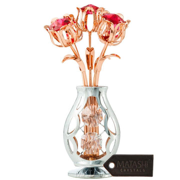Matashi Gift For Her - Flowers Bouquet In Vase Ornament With Red Crystals, Gift Basket Ideas For Women - Rose Gold Plated Flower Gift For Women On Valentine'S Day