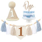 1St Birthday Highchair Banner Decorations For First Boys Khaki Cone Hat With One Cake Topper Photo Backdrop