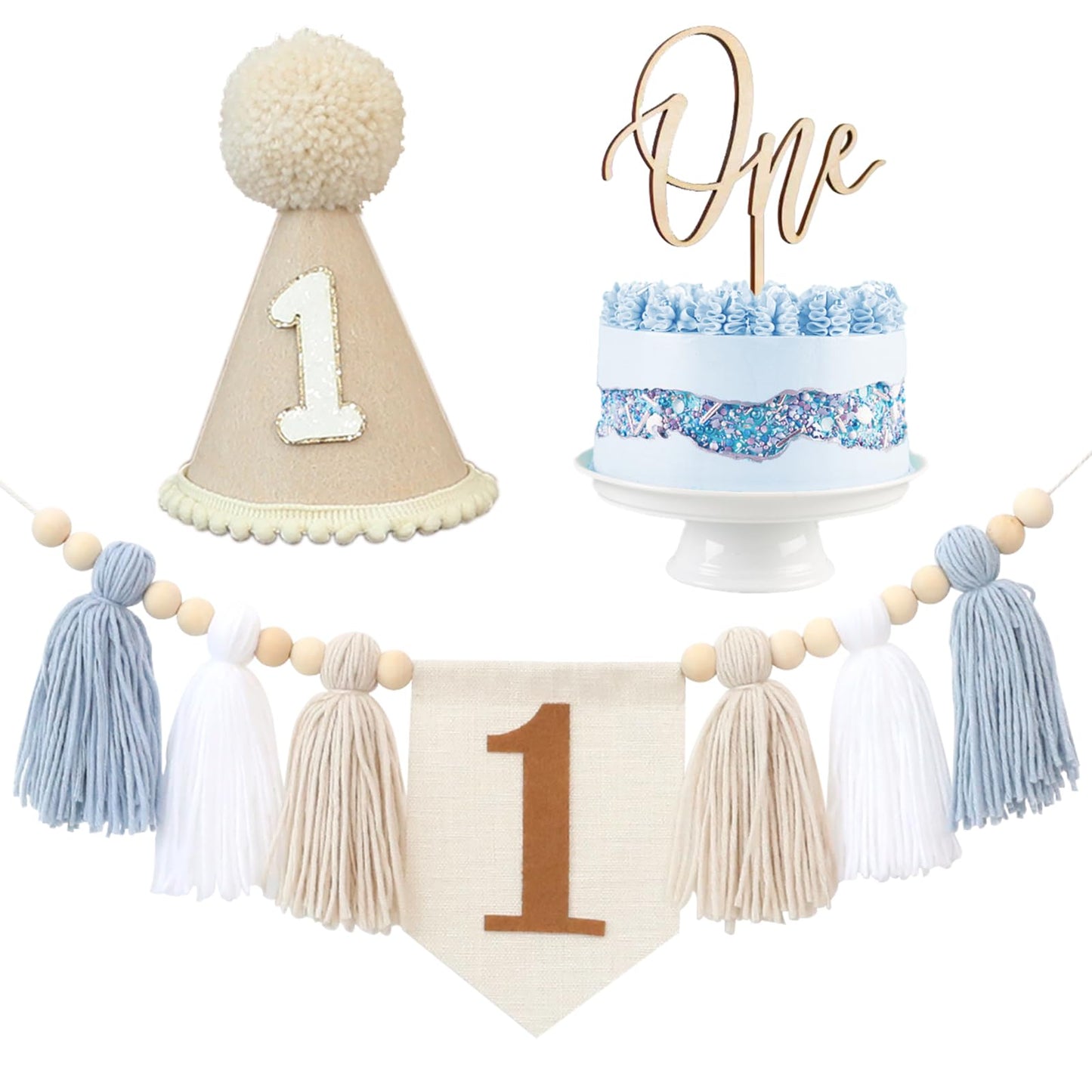 1St Birthday Highchair Banner Decorations For First Boys Khaki Cone Hat With One Cake Topper Photo Backdrop