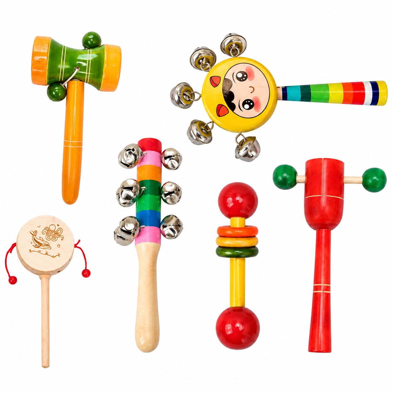Little Mind KNK Wooden Musical Toy Combo Set for Babies 3 Months and Above | White Damaru, Color Damaru, 10 Bell Jingle Stick, D
